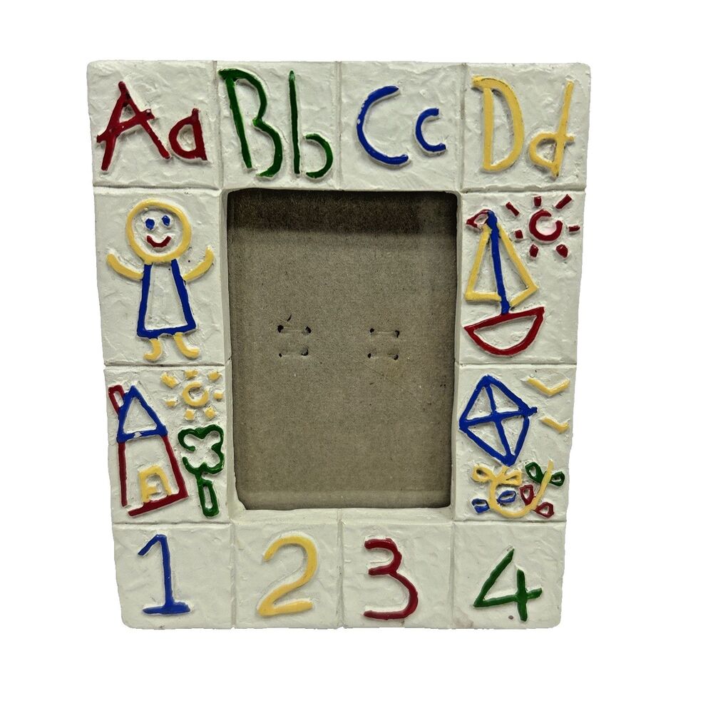 Vintage Figi Child Pictures Drawings ABCD 1234 Resin Frame 3.5” X 4.5" Felt Back